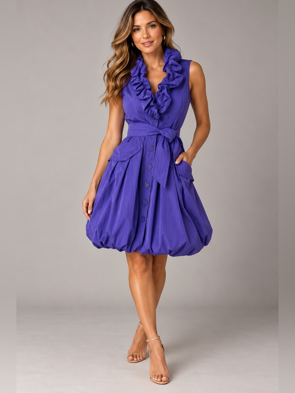 Samuel Dong Purple Ruffle Collar Bubble Hem Belted Dress Size L